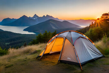 Wall Mural - camping tent high in the mountains at sunset