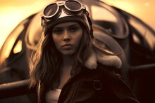 Ww2 Bomber Pilot Girl Character With Goggles Posing Next To A Ww2 Plane With Long Hair Blowing In The Wind. Generative AI