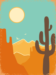 Wall Mural - American desert poster. Vector desert landscape illustration with cactus and yellow sun. Arizona desert mountain design