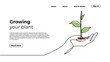 Growing plant continuous one line drawing. Landing page template of hand holding plants. Sprout grow symbol of environment protection.