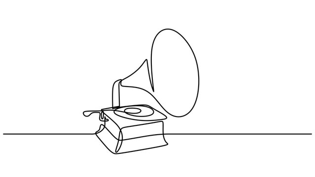 Vintage Gramophone vector, one line drawing illustration. Continuous hand drawn isolated on white background.