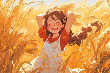 Wall Mural - Wheat Field Goddess: Amidst a golden wheat field, a girl twirls in a flowing sundress, her laughter echoing through the summer breeze manga anime style illustration generative ai