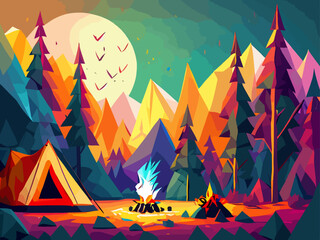 A tent and camp fire in front of Colourful Forrest landscape, tree line, bright sun in the sky, low poly