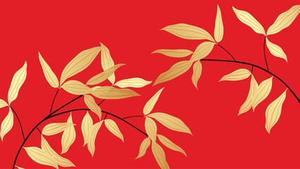 Happy Chinese new year luxury style pattern background vector. Oriental elegant gold bamboo leaves branch on red background. Design illustration for wallpaper, card, poster, packaging, advertising.