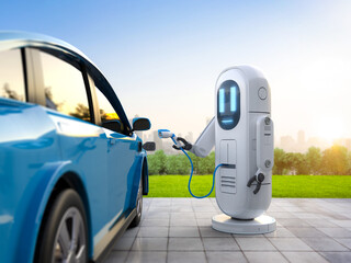 Wall Mural - Automatic electric recharge station with robot hand hold EV charger