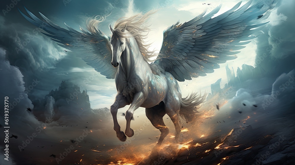 The mythic horse pegasus with white wings flying in the sky among ...