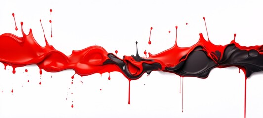 Abstract red black color acrylic paint flowing down over white background banner, dripping colorful liquid texture. Digital art (Generative Ai)