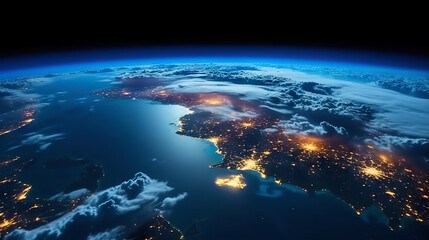 Wall Mural - panoramic view on planet earth globe from space. glowing city lights, light clouds. generative ai