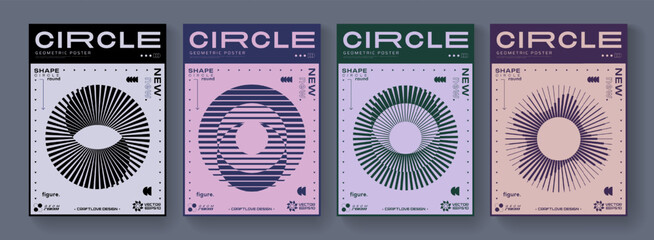 Poster - Set Of Cool Abstract Geometric Posters. Optical Illusion Circle Shape Element. Rave Acid Graphic Design. Swiss Design Retro Placard.