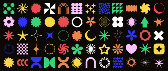Aufkleber - Brutalist Shapes, Cool Geometric Forms. Bauhaus Minimalist Graphic Design Elements. Trendy Y2K Vector Signs. Simple Star and Flower Basic Shapes.