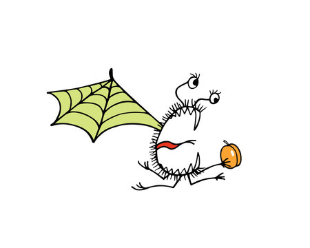 Vector card with hand drawn cute monster with ripe apricot. Beautiful design elements, funny illustration,  ink drawing