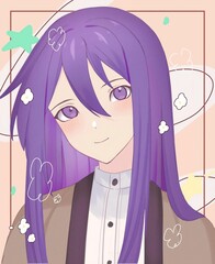 Vertical digital illustration of a beautiful anime style girl with purple hair and purple eyes