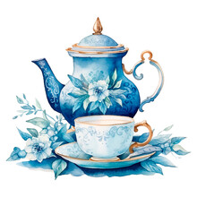 Watercolor Composition Of Teapot, Cup And Blue Flowers. Vintage Style Illustration Isolated On A White Background.