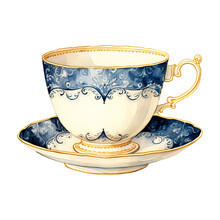 Watercolor Illustration. Blue Cup Of Tea Or Coffee Isolated On White Background. An Ancient Cup With A Blue Pattern And A Gold Border