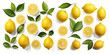 Fresh organic yellow lemon fruit with slices and green leaves isolated over a transparent background, Top view