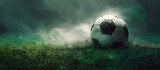 Fototapeta Sport - soccer ball with dust and smoke on green grass background , Generative AI
