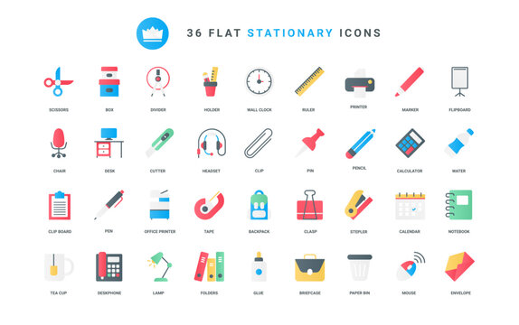 Glue and scissors, staple and ruler, calculator and pencil for school education or office secretary, stationery for workspace. Stationary trendy flat icons set vector illustration