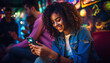 © annebel146 - Black woman with 5g smartphone for social media typing, digital chat app or check location. Teenager gen z girl on cellphone for youth online website networking and smiling