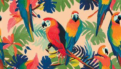 Naklejka na meble Modern artistic tropical pattern with parrots. Colorful botanical abstract contemporary seamless pattern. Hand drawn unique print.