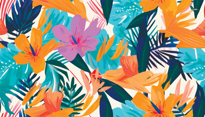 Modern colorful tropical floral pattern. Cute botanical abstract contemporary seamless pattern. Hand drawn unique print.