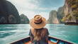 © Nakron - Rear view of young girl in hat and dress sitting on the end of a boat on Phi Phi Island., generative Ai
