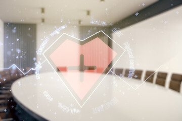 Poster - Abstract virtual heart pulse hologram on a modern coworking room background, online medical consulting concept. Multiexposure