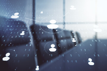 Fototapete - Abstract virtual social network concept on a modern conference room background. Multiexposure