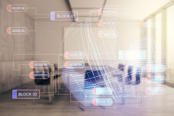 Poster - Double exposure of abstract programming language hologram and world map on a modern meeting room background, research and development concept