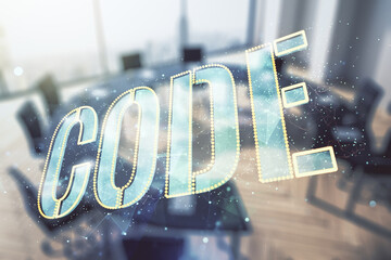 Poster - Code word hologram on a modern coworking room background, international software development concept. Multiexposure