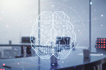 Poster - Virtual creative artificial Intelligence hologram with human brain sketch on a modern coworking room background. Double exposure
