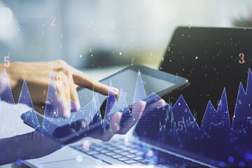 Poster - Double exposure of abstract creative statistics data hologram with finger clicks on a digital tablet on background, analytics and forecasting concept