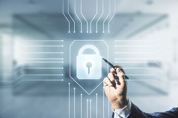 Poster - Double exposure of male hand with pen working with virtual creative lock hologram with chip on blurred office background. Information security concept