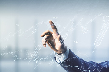 Aufkleber - Man hand working with abstract virtual financial graph on blurred office background, forex and investment concept. Multiexposure