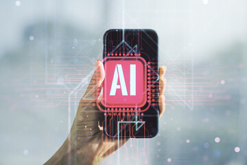 Poster - Creative artificial Intelligence symbol concept and hand with mobile phone on background. Double exposure