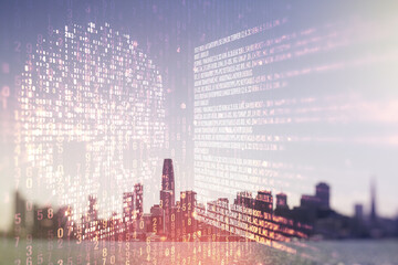 Poster - Abstract virtual code skull hologram on San Francisco cityscape background, cybercrime and hacking concept. Multiexposure