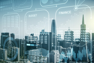 Poster - Abstract virtual analytics data spreadsheet on San Francisco cityscape background, analytics and analysis concept. Multiexposure