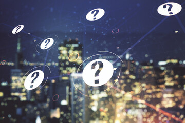 Aufkleber - Double exposure of abstract virtual question mark hologram on blurry cityscape background. Sociology and psychology concept
