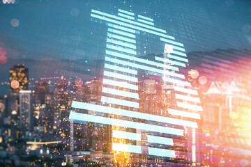 Poster - Double exposure of creative Bitcoin symbol hologram on San Francisco office buildings background. Mining and blockchain concept