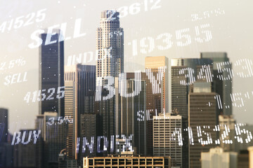 Poster - Double exposure of virtual creative financial diagram on Los Angeles office buildings background, banking and accounting concept