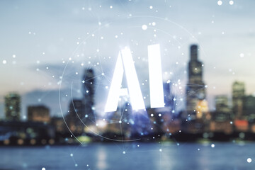 Poster - Abstract virtual artificial Intelligence symbol hologram on blurry skyline background. Multiexposure
