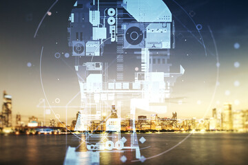 Poster - Double exposure of creative human head microcircuit hologram on Chicago office buildings background. Future technology and AI concept