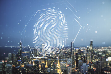Poster - Abstract virtual fingerprint hologram on Chicago skyline background. Multiexposure