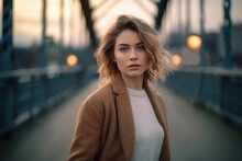 AI Generated Illustration Of A Woman With Blonde Hair Stands On A Bridge Looking At The Camera