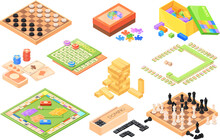 Isometric Board Games. Various Boardgames Collection, Miniature Strategy Table Game For Family Fun Playing Checker Chess Bingo Money Card Mahjong Dice