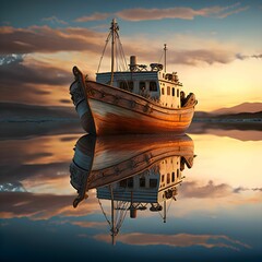 Sticker - an old boat sitting in the middle of a lake with the sun setting