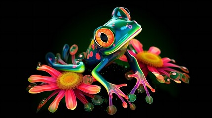 Sticker - AI generated illustration of a vibrant colored frog on a dark background