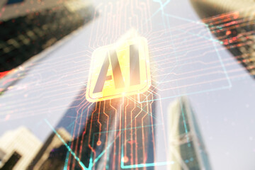 Poster - double exposure of creative artificial intelligence icon on modern skyscrapers background. neural ne