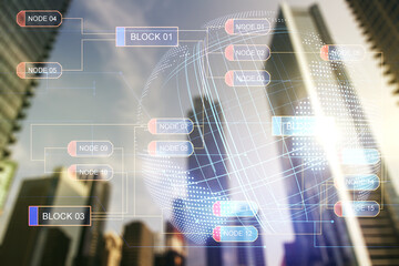 Poster - Double exposure of abstract creative programming illustration and world map on blurry cityscape background, big data and blockchain concept