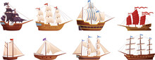 Old Wooden Ships. Cartoon Sailing Ship, Wind Sail Boat Pirate Frigate Warship Longboat Simple Schooner Nave, Traditional Ancient Sailboat Sea Galleon, Ingenious Vector Illustration