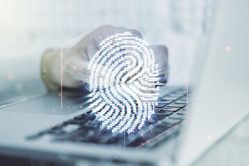 Poster - Double exposure of abstract creative fingerprint hologram with hands typing on laptop on background, research and development concept